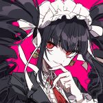  1girl bangs black_hair blunt_bangs bonnet celestia_ludenberg danganronpa:_trigger_happy_havoc danganronpa_(series) drill_hair earrings frills gothic_lolita hand_on_own_chin hand_up jewelry lolita_fashion long_hair long_sleeves looking_at_viewer nail_polish neck_ribbon necktie patzzi red_background red_eyes red_neckwear ribbon simple_background smile solo twin_drills twintails upper_body 