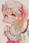  1girl ascot bangs blonde_hair blush bow crying crying_with_eyes_open eyebrows_visible_through_hair face fang flandre_scarlet from_side grey_background hair_bow hat looking_at_viewer mob_cap moni_monico one_side_up open_mouth red_bow red_nails short_hair signature simple_background skin_fang solo tearing_up tears touhou upper_body wrist_cuffs yellow_neckwear 