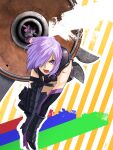  1girl amino_(tn7135) armor armored_dress bangs bow fate/grand_order fate_(series) gloves hair_over_one_eye holding holding_shield holding_weapon looking_at_viewer mash_kyrielight open_mouth purple_hair running shield short_hair solo violet_eyes weapon 