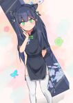  1girl absurdres animal_ear_fluff animal_ears arm_behind_back arm_up azibiraki_yuhiro bangs black_dress black_hair blue_archive blunt_bangs china_dress chinese_clothes dress eyebrows_visible_through_hair green_eyes hand_on_own_cheek hand_on_own_face highres long_hair looking_at_viewer short_sleeves shun_(blue_archive) smile solo thigh-highs tiger_ears tiger_girl two_side_up white_legwear 