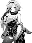  1girl azur_lane bangs breasts eyebrows_visible_through_hair gauntlets greyscale headband hori_(hori_no_su) jacket large_breasts monochrome off_shoulder one_eye_closed open_clothes open_jacket reno_(azur_lane) short_hair simple_background solo swept_bangs thigh-highs white_background 