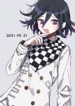  1boy :d bangs black_hair buttons checkered danganronpa_(series) danganronpa_v3:_killing_harmony dated double-breasted grey_jacket hair_between_eyes hand_up highres jacket long_sleeves male_focus open_mouth ouma_kokichi patzzi purple_hair simple_background sketch smile solo upper_body violet_eyes 