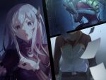  1boy 2girls :o bangs beatrice_(re:zero) black_dress blonde_hair book butterfly_hair_ornament clenched_teeth collar collarbone commentary_request crown crying dress drill_hair echidna_(re:zero) frills from_side grey_eyes hair_between_eyes hair_ornament hair_ribbon harusabin highres holding holding_book indoors jacket long_hair long_sleeves looking_at_viewer mini_crown multicolored multicolored_clothes multicolored_jacket multiple_girls natsuki_subaru object_hug open_mouth out_of_frame paper pink_dress re:zero_kara_hajimeru_isekai_seikatsu ribbon shaded_face sidelocks silver_hair standing teeth twin_drills two-tone_jacket upper_body 