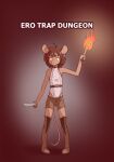  1girl animal_ears antenna_hair arm_at_side bangs bare_shoulders belt bob_cut boots brown_background brown_belt brown_hair brown_shorts caramalatte commentary dark-skinned_female dark_skin english_commentary fire full_body furry furry_female gradient gradient_background hand_up highleg highleg_leotard highres holding holding_knife holding_torch holding_weapon knife leotard looking_afar ming_(caramalatte) mouse_ears mouse_girl mouse_tail pigeon-toed short_hair shorts sleeveless solo standing tail thigh-highs thigh_boots torch weapon white_leotard yellow_eyes zettai_ryouiki 