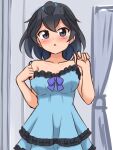  1girl alternate_costume bangs bare_shoulders black_eyes black_hair blue_dress blush breasts chestnut_mouth collarbone commentary curtains dress frilled_dress frills greater_lophorina_(kemono_friends) hair_between_eyes head_wings highres indoors kemono_friends large_breasts looking_at_viewer shiraha_maru short_hair sleeveless sleeveless_dress solo spaghetti_strap strap_slip sweatdrop twitter_username 