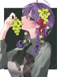  1girl alternate_costume alternate_hairstyle bangs braid breasts buttons collared_dress commentary_request dress eating fate/stay_night fate_(series) fingernails food food-themed_hair_ornament food_in_mouth food_on_head fruit fruit_on_head grape_hair_ornament grapes green_dress green_neckwear hair_ornament hair_ribbon highres holding holding_food holding_fruit lips long_hair long_sleeves looking_at_viewer matou_sakura medium_breasts object_on_head open_mouth pink_lips plaid purple_hair red_ribbon ribbon shimatori_(sanyyyy) solo teeth upper_body upper_teeth violet_eyes 
