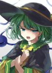  1girl absurdres blush commentary_request crying crying_with_eyes_open ei_tantan eyebrows_visible_through_hair furrowed_brow green_eyes green_hair hair_between_eyes hat hat_ribbon highres holding_own_arm komeiji_koishi long_sleeves lower_teeth open_mouth ribbon shawl shirt short_hair solo tears third_eye touhou upper_body upper_teeth wide_sleeves yellow_neckwear yellow_ribbon yellow_shirt 