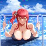  1girl azur_lane bikini black_bikini blue_sky breast_rest breasts clouds highres huge_filesize italian_flag kuromame_teruru large_breasts looking_at_viewer multi-strapped_bikini multiple_straps o-ring o-ring_bikini official_alternate_costume outdoors pool_ladder poolside redhead side_ponytail sky solo swimsuit water wet wet_clothes whistle whistle_around_neck yellow_eyes zara_(azur_lane) zara_(poolside_coincidence)_(azur_lane) 