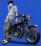  1boy absurdres black_eyes black_hair blue_background cigarette empty_eyes full_body grey_jumpsuit highres holding holding_cigarette jumpsuit_around_waist lumian_(user_lomen) male_focus sano_shinichirou shirt short_hair short_sleeves simple_background slippers solo standing tokyo_revengers white_shirt 