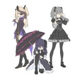  3girls ahoge arm_up asymmetrical_legwear bangs black_bow black_dress black_eyepatch black_footwear black_gloves black_hair black_legwear black_leotard black_neckwear blonde_hair bodysuit boots bow bowtie breasts chuunibyou_demo_koi_ga_shitai! closed_eyes collarbone collared_dress commentary contrapposto cross-laced_footwear detached_collar dress drill_hair english_commentary eyepatch fischl_(genshin_impact) frilled_dress frills garter_straps genshin_impact gloves gothic gothic_lolita grey_hair hair_between_eyes hair_ornament head_down holding_parasol idolmaster idolmaster_cinderella_girls idolmaster_cinderella_girls_starlight_stage jojo_pose kanzaki_ranko kneeling kofucchi leotard lolita_fashion long_hair long_sleeves mismatched_legwear multiple_girls one_side_up open_mouth pantyhose parasol pose puffy_short_sleeves puffy_sleeves purple_neckwear shoes short_hair short_sleeves simple_background single_glove single_leg_pantyhose single_thighhigh small_breasts smile standing tailcoat takanashi_rikka thigh-highs twin_drills twintails two_side_up uchida_maaya umbrella uwabaki voice_actor_connection white_background wide_sleeves winged_footwear 