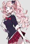  1girl :d bangs bear_hair_ornament black_shirt blue_eyes blush bow commentary_request danganronpa:_trigger_happy_havoc danganronpa_(series) enoshima_junko freckles from_side grey_background grey_eyes hair_ornament highres long_hair miniskirt nail_polish necktie open_mouth patzzi plaid plaid_skirt red_bow red_nails red_skirt shiny shiny_hair shirt simple_background skirt sleeves_rolled_up smile solo twintails 