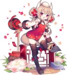  1girl ao_jun ark_order bangs baozi bell black_footwear black_legwear boots brown_hair china_dress chinese_clothes cleavage_cutout clothing_cutout demon_tail double_bun dress flat_chest flower food food_on_head fur-trimmed_jacket fur-trimmed_sleeves fur_trim hair_flower hair_ornament hongbao horns jacket jar jingle_bell long_hair long_sleeves lotus object_on_head official_art red_dress red_eyes red_flower sidelocks solo tachi-e tail tail_ornament thigh-highs transparent_background white_jacket wooden_floor year_(ark_order) 