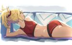  1girl ass back bangs bare_shoulders bikini blonde_hair braid closed_mouth commentary_request fang fate/apocrypha fate_(series) french_braid green_eyes hair_ornament hair_scrunchie long_hair looking_at_viewer looking_back lying mordred_(fate) mordred_(fate/apocrypha) on_side ponytail red_bikini red_scrunchie revision scrunchie sidelocks smile solo sports_bikini swimsuit thighs tonee 