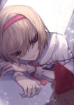  1girl 33_gaff alice_margatroid bangs blonde_hair blue_eyes blurry blurry_foreground capelet closed_mouth eyebrows_visible_through_hair hairband indoors light_particles lolita_hairband red_hairband red_neckwear shanghai_doll short_hair solo touhou white_capelet wrist_cuffs 
