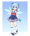  1girl :d ahoge bangs black_footwear blue_bow blue_eyes blue_hair blue_skirt blue_wings bow cirno commentary_request eyebrows_visible_through_hair fairy fairy_wings food full_body hair_bow hand_up highres holding holding_food langbazi looking_at_viewer open_mouth pleated_skirt popsicle puffy_short_sleeves puffy_sleeves sailor_collar shirt shoes short_sleeves skirt smile socks solo standing standing_on_one_leg suspender_skirt suspenders touhou white_legwear white_sailor_collar white_shirt wings 
