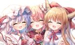  3girls artist_name ascot bangs bare_shoulders bat_wings blonde_hair blush bow bowtie breasts buttons closed_eyes collar collared_dress double_bun dress eyebrows_visible_through_hair flower gem hair_between_eyes hand_on_another&#039;s_arm hands_up hat hat_ribbon highres horns ibaraki_kasen ibuki_suika jewelry leaf long_hair medium_breasts mob_cap multiple_girls open_mouth pink_dress pink_flower pink_hair pink_nails pink_sleeves pudding_(skymint_028) puffy_short_sleeves puffy_sleeves purple_hair red_bow red_neckwear red_ribbon red_vest remilia_scarlet ribbon shirt short_hair short_sleeves simple_background sleeveless sleeveless_shirt smile tabard touhou upper_body vest white_background white_headwear white_shirt wings 