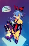  1girl blue_hair bow_hairband detached_collar disgaea hairband leg_garter leotard necktie optionaltypo pleinair rabbit red_eyes short_hair strapless strapless_leotard stuffed_animal stuffed_bunny stuffed_toy 