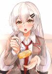  1girl absurdres blush brown_jacket eyebrows_visible_through_hair food girls_frontline hair_ornament hairclip highres holding holding_food jacket light_brown_eyes long_hair looking_at_viewer muteppona_hito necktie open_clothes open_jacket open_mouth red_neckwear shirt silver_hair simple_background solo svd_(girls&#039;_frontline) very_long_hair white_shirt 