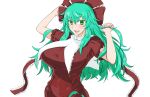  1girl :d alternate_hairstyle bangs bow breasts eyebrows_visible_through_hair frilled_ribbon frills green_eyes green_hair hair_bow hair_ribbon hand_in_hair huge_breasts kagiyama_hina long_hair looking_at_viewer nukiko open_mouth red_bow red_ribbon ribbon short_sleeves simple_background smile solo touhou upper_body white_background 