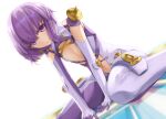  1girl ar_tonelico ar_tonelico_iii bodysuit braid closed_mouth detached_sleeves flat_chest gloves hair_ornament hazuki_akaoto looking_at_viewer navel purple_hair short_hair skin_tight smile solo tilia twin_braids violet_eyes 