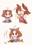  2girls :d ahoge animal_ears blush brown_hair chibi closed_eyes commentary_request cup disposable_cup food hanomido heart high_ponytail highres holding holding_cup horse_ears horse_girl horse_tail jacket long_hair meisho_doto_(umamusume) multicolored multicolored_clothes multicolored_hair multicolored_jacket multiple_girls open_mouth school_uniform short_hair smile streaked_hair striped tail tokai_teio_(umamusume) tracen_school_uniform translation_request two-tone_hair two-tone_jacket umamusume violet_eyes white_hair 