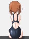  1girl ass back_cutout black_swimsuit boko_dream brown_hair clothing_cutout commentary facing_away from_behind girls_und_panzer grey_background highres nishizumi_miho one-piece_swimsuit school_swimsuit short_hair simple_background sitting solo swimsuit translated wet 