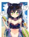  1girl ? animal_ears bangs bare_shoulders beach bikini bikini_top blush bongnom border bow breasts clouds cloudy_sky collarbone commentary day drink eating eyebrows_behind_hair eyewear_on_head food food_on_face green_eyes hair_bow hands_up highres holding holding_drink holding_food jacket karyl_(princess_connect!) long_hair looking_at_viewer medium_breasts multicolored_hair navel pov princess_connect! purple_bikini purple_hair purple_jacket red_bow short_sleeves sidelocks sky solo spoken_question_mark streaked_hair sunglasses swimsuit twintails upper_body white_border 