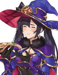  1girl bangs black_hair blush breasts cape chewing choker closed_eyes commentary earrings eating food food_on_face fur_collar genshin_impact gloves gold_trim hair_between_eyes hat hat_ornament highres holding holding_food jewelry kamu_(kamuuei) leaf medium_breasts mona_(genshin_impact) mushroom pizza pizza_slice simple_background solo twintails upper_body white_background witch witch_hat 