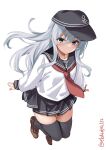  1girl anchor_symbol black_headwear black_legwear black_sailor_collar black_skirt blue_eyes blush brown_footwear collarbone ebifurya eyebrows_visible_through_hair flat_cap full_body hair_between_eyes hat hibiki_(kancolle) highres kantai_collection loafers long_hair long_sleeves looking_at_viewer neckerchief pleated_skirt red_neckwear sailor_collar school_uniform serafuku shoes silver_hair simple_background skirt solo thigh-highs twitter_username white_background 