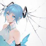  1girl alternate_hair_length alternate_hairstyle armlet bangs bare_shoulders blue_eyes blue_hair eyebrows_visible_through_hair flat_chest hatsune_miku highres looking_at_viewer ohisashiburi parted_lips shatter short_hair simple_background solo upper_body vocaloid white_background wing_collar 