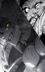  1girl absurdres armor blood evil_grin evil_smile grin highres horns looking_at_viewer monster monster_hunter_(series) niwarhythm rajang sharp_teeth smile spiked_armor spikes teeth yellow_eyes zinogre_(armor) 