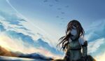  1girl bird blue_sky breasts brown_hair camouflage camouflage_shirt closed_mouth covered_navel eyebrows_visible_through_hair girls_frontline light_brown_eyes long_hair looking_at_viewer m4a1_(girls&#039;_frontline) mask mask_around_neck medium_breasts mod3_(girls&#039;_frontline) mountainous_horizon multicolored_hair parang scarf shirt sky solo 