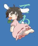  1girl animal_ears bangs barefoot black_hair bloomers blue_background blush_stickers brown_eyes carrot character_name chibi citrus_(place) commentary_request dress food_in_mouth full_body inaba_tewi jumping looking_at_viewer medium_hair mouth_hold pink_dress rabbit_ears rabbit_tail short_sleeves solo tail touhou underwear 