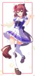  1girl absurdres animal_ears blue_eyes commentary_request flower full_body hair_flower hair_ornament highres horse_ears horse_girl horse_tail noyk_iv open_mouth pink_hair sakura_chiyono_o_(umamusume) school_uniform simple_background solo tail thigh-highs tracen_school_uniform umamusume waving white_legwear 