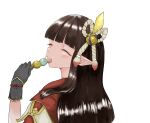  1girl bangs black_hair blunt_bangs collarbone commentary_request expressionless eyes_visible_through_hair hair_ornament highres hinoa long_hair looking_at_viewer monster_hunter_(series) monster_hunter_rise pointy_ears shoka_gushi simple_background solo white_background yellow_eyes 