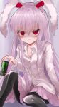  1girl @_@ animal_ears bangs black_legwear blurry blurry_background blush buttons can closed_mouth collar collared_shirt drink energy_drink eyebrows_visible_through_hair hair_between_eyes hand_up highres kayon_(touzoku) long_hair long_sleeves pantyhose pink_hair pink_skirt rabbit_ears red_eyes reisen_udongein_inaba shaded_face shirt sitting skirt solo tears touhou white_shirt white_sleeves 
