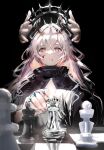  1girl arknights bangs blood blood_on_face board_game chess chess_piece chessboard crown demon_horns disembodied_limb dress eyebrows_visible_through_hair highres horns jewelry long_dress long_hair long_sleeves nanaponi open_mouth pawn_(chess) pink_hair ring rook_(chess) solo theresa_(arknights) 