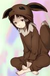  1girl animal_ears asymmetrical_hair barefoot brown_eyes brown_hair closed_mouth cosplay e10 eevee eevee_(cosplay) eevee_ears eevee_tail fake_animal_ears feet hair_ornament hairclip hood iwakura_lain looking_at_viewer poke_kid_(pokemon) pokemon pokemon_(game) pokemon_ears pokemon_swsh pokemon_tail serial_experiments_lain short_hair sitting solo tail x_hair_ornament 