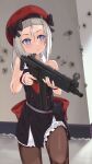  1girl beret black_bow black_legwear blue_eyes bow closed_mouth dress eyebrows_visible_through_hair girls_frontline gun h&amp;k_mp5 hair_bow hat highres holding holding_weapon jamgom long_hair looking_away mp5_(girls&#039;_frontline) pantyhose silver_hair simple_background solo standing submachine_gun weapon 