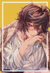  1boy bangs book brown_hair brown_jacket closed_mouth granblue_fantasy hair_between_eyes holding holding_pen jacket jacket_on_shoulders looking_at_viewer male_focus omotim000 open_book pen red_eyes sandalphon_(granblue_fantasy) shirt short_hair solo upper_body white_shirt 