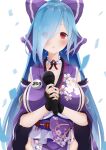  .live 1girl absurdres blue_hair blush bow breasts collarbone commentary_request confetti detached_sleeves hair_bow hair_over_one_eye highres japanese_clothes large_breasts long_hair microphone open_mouth red_eyes solo suzushika_(13_96) virtual_youtuber yamato_iori 