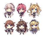  6+girls :&gt; abukuma_(kancolle) ahoge akikaze_tsumuji bangs bike_shorts bike_shorts_under_skirt blonde_hair blue_eyes breasts brown_hair character_name chibi detached_sleeves double_bun eyebrows_visible_through_hair fletcher_(kancolle) gloves grey_eyes hair_flaps hair_ornament hair_ribbon headgear hiei_(kancolle) holding japanese_clothes kantai_collection kinu_(kancolle) kongou_(kancolle) long_hair multiple_girls open_mouth pink_hair pleated_skirt ponytail red_eyes redhead ribbon ribbon-trimmed_sleeves ribbon_trim rigging sailor_collar school_uniform serafuku short_hair short_sleeves shorts shorts_under_skirt simple_background skirt smile star_(symbol) star_hair_ornament twintails very_long_hair white_background yellow_eyes yura_(kancolle) 