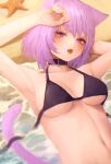  1girl absurdres animal_ears arm_up beach bikini black_bikini black_collar blush breasts cat_ears cat_girl cat_tail collar collarbone eyebrows_visible_through_hair hand_on_head highres hololive huge_filesize looking_at_viewer medium_breasts nanome_to nekomata_okayu open_mouth sand short_hair sideboob solo starfish swimsuit tail under_boob untied untied_bikini upper_body water 