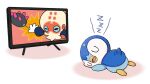  clobbopus closed_eyes commentary_request creature lying official_art open_mouth piplup pokemon project_pochama pyukumuku sleeping television toes tongue white_background zzz 