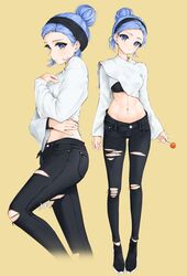  1girl arm_across_waist artist_name black_bra black_footwear black_hairband black_pants blue_eyes bra breasts candy chaesu closed_mouth crop_top cropped_legs food forehead full_body hair_bun hair_ornament hairband hairclip hand_on_own_chest highres holding holding_food lollipop long_sleeves looking_at_viewer medium_breasts minah_(chaesu) multiple_views navel original pants simple_background standing stomach toned torn_clothes torn_pants underwear yellow_background 