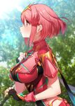  1girl absurdres bangs black_gloves breasts chest_jewel earrings fingerless_gloves gloves green322 highres jewelry large_breasts pyra_(xenoblade) red_eyes redhead short_hair solo swept_bangs tiara xenoblade_chronicles_(series) xenoblade_chronicles_2 