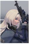  1girl an-94 an-94_(girls&#039;_frontline) aqua_eyes assault_rifle blonde_hair blue_cloak blue_gloves blue_jacket cloak closed_mouth eyebrows_visible_through_hair girls_frontline gloves grey_background gun hairband highres holding holding_weapon jacket long_hair looking_down mask mask_around_neck mo_geng rifle snowflakes solo weapon 