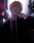  1boy black_coat blonde_hair business_suit chainsaw_man city coat demon_boy denji_(chainsaw_man) finger_to_mouth formal highres jeffxart long_sleeves looking_at_viewer necktie orange_eyes shirt short_hair solo suit teeth white_shirt 