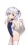  1girl alternate_costume armpits ass azur_lane bangs blue_swimsuit braid breasts choker collarbone commentary english_commentary eyebrows_visible_through_hair eyes_visible_through_hair from_side groin head_tilt highleg highres holding holding_towel leaning_forward little_bel_(azur_lane) long_hair looking_at_viewer one_side_up piano-alice sidelocks silver_hair simple_background single_braid small_breasts smile solo swimsuit thigh-highs towel violet_eyes white_background white_legwear 