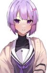  1girl a.i._voice black_shirt brown_cardigan cardigan collar collared_shirt commentary grey_shirt gunpuu hair_ornament hairclip highres looking_at_viewer open_cardigan open_clothes purple_hair purple_neckwear sailor_collar school_uniform shirt short_hair smile solo turtleneck upper_body violet_eyes vocaloid voiceroid white_background white_collar yuzuki_yukari yuzuki_yukari_(shizuku) 